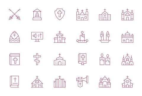 Church Complete Vector Package with 24 128x128 Thin Line Pixel Optimized Icon 스톡 일러스트