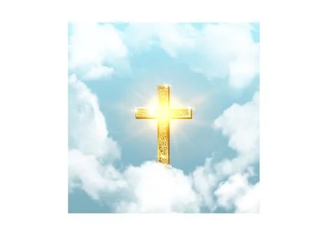 Church cross risen in heaven on Easter background. Christian golden crucifix Illustrazione stock