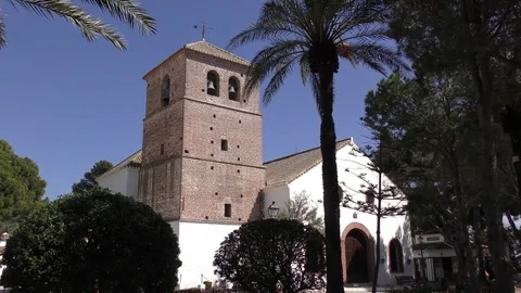 Church deep blue sky palm trees Mijas Stock Footage 74169702