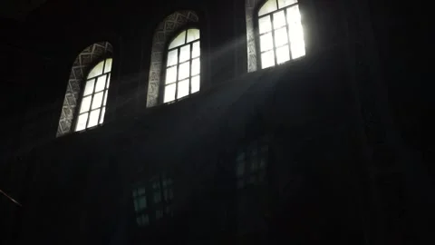 Church dome, view from the inside. Sunlight comes through many windows. Stock Footage 343160484