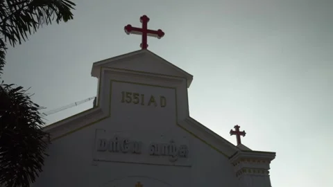 Church facade at sunset. St. Thomas Mount. Romantic style. Video 4K Stock Footage 307303833