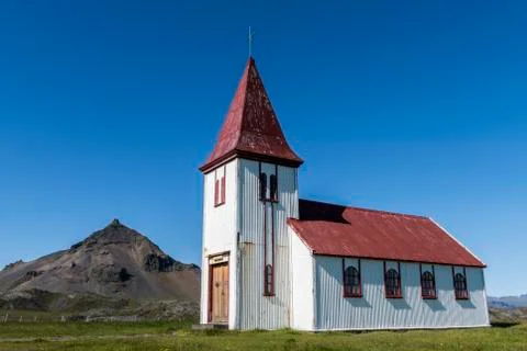 Church at Hellnar with Lava Mountain Stock Photos