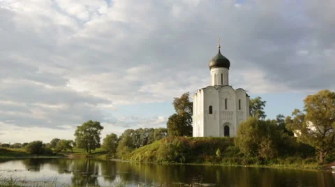 Church of  Intercession of  Holy Virgin on the Nerl River, Russia Stock Footage 47675407