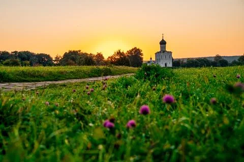 The Church of the Intercession of the Holy Virgin on the Nerl River at dawn Stock Photos