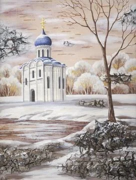 Church of the intercession of the holy virgin with a tree Stock Illustration