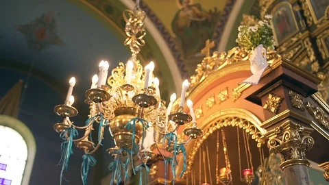 Church interior. Christian religion architecture. Religious catholic old Stock Footage