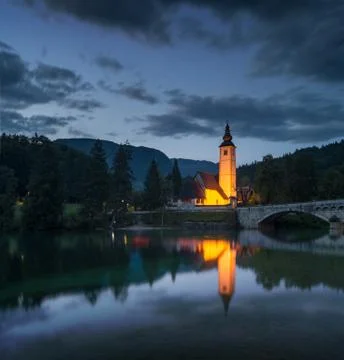 The Church on the lake at night Stock Photos