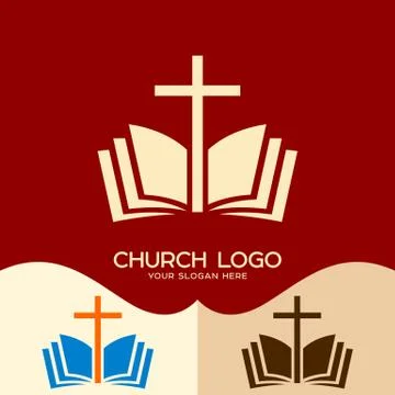 Church logo. Cristian symbols. The cross of Jesus and the open bible Stock Illustration