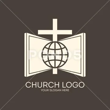 Church logo. Cross, globe, gospel Stock Illustration
