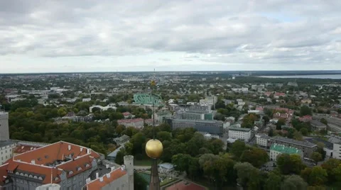 Church pan-down St Mary's Cathedral tower Tallinn Parliament sky Stock Footage 48460424
