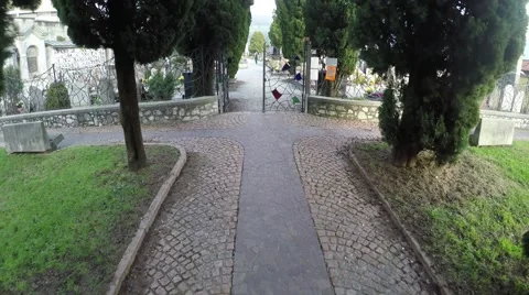 Church path with cypress Video stock 44322221