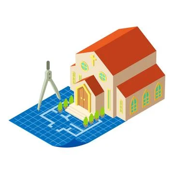 Church project icon isometric vector. Church building model stands on drawing Ilustración de archivo