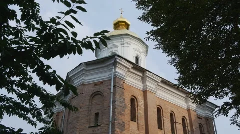 Church Red Bricks a Half Cathedral Golden Cupola on a Top Semicircular Windows Stock Footage 58011782