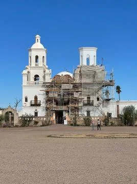 Church renovation with scaffolding around parts of building in Tucson, Stock Photos