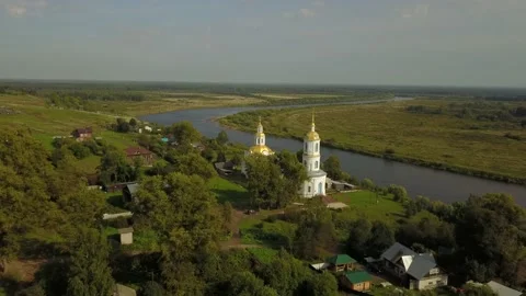 Church by the river Vyatka. Russia. Nature Aerial Stock Footage