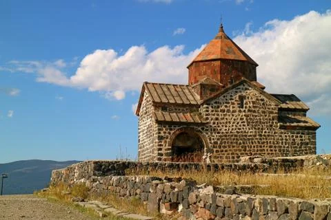 Church of the Sevanavank Monastery on the Cliff Overlooking Lake Sevan 스톡 사진