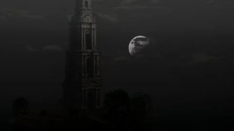 Church silhouette with the moon in the night 3d illustration Stock Illustration