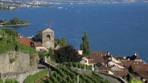 Church in small lakeside village Stock Footage 52952353