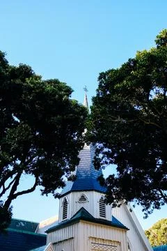 Church   spire   between   two   trees Stock Photos