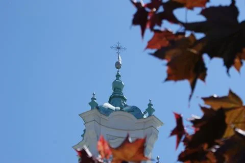 Church spire in the fall Stock Photos
