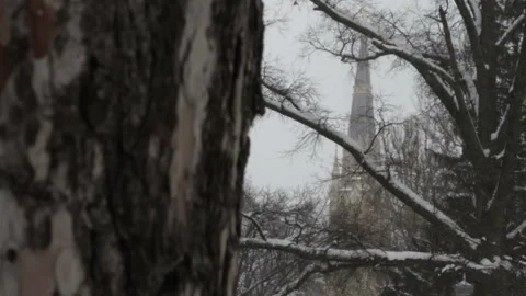 Church spire view through the branches of tree during a snowstorm Stock Footage 152922354