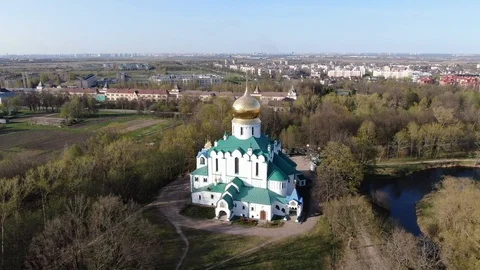 Church in a spring time. View from the air Stock Footage 112349654
