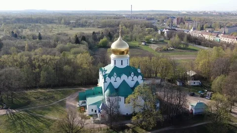 Church in a spring time. View from the air Stock Footage 112353540