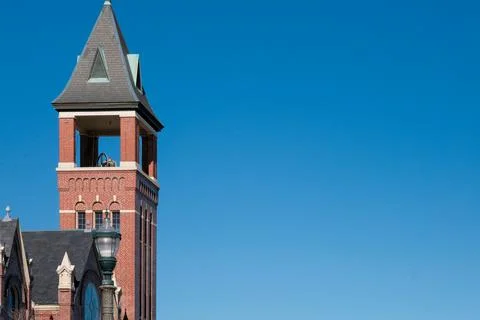 Church steeple and deep blue sky in Rock Hill, South Carolina, USA. Stock Photos