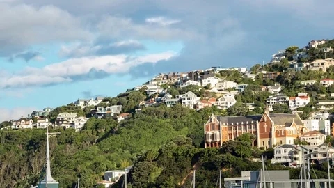Church Time Lapse With Clouds Rolling Over Hills Wellington New Zealand Stock Footage 85140126