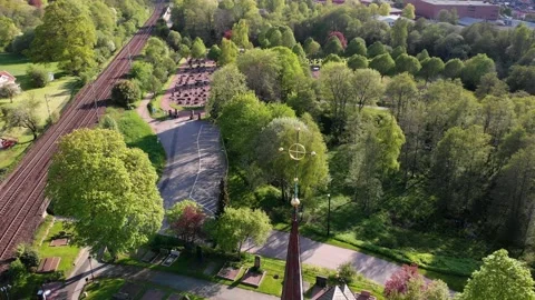 Church Tower Cross and Forest and Village Background, Aerial Circling Stock Footage 156023402
