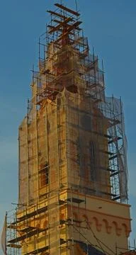 Church tower in process of reconstruction Stock Photos
