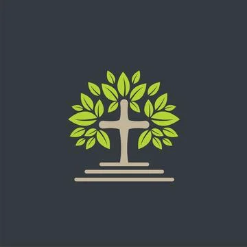 Church tree cross icon vector concept design template Stock Illustration