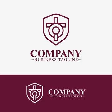 Church vector logo design with line art Christian cross and shield Stock Illustration