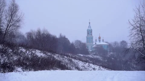 Church in a winter forest Stock Footage 143528046