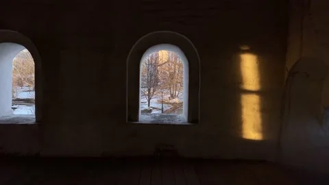Churches, temples in Spaso-Prilutsky Monastery. View through window, Vologda Stock Footage 192849091