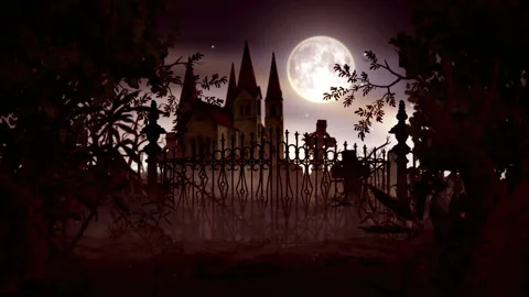 Churchyard with a ghost palace behind the gate gothic castle 스톡 동영상 90968675