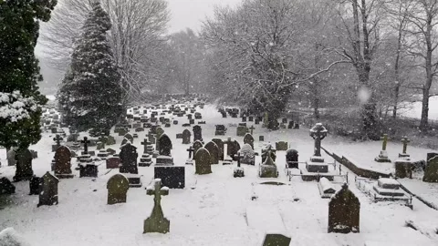 Churchyard graveyard cemetry burial graves snowing snowstorm blizzard Stock Footage 297303336