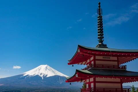 Chureito Pagoda and Mt. Fuji in the spring time with cherry blossoms at Fujiy Stock Photos