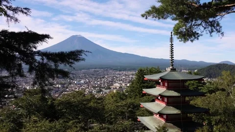 Chureito Pagoda High Angle View With Mount Fuji In Background Stockbeeldmateriaal 328130049