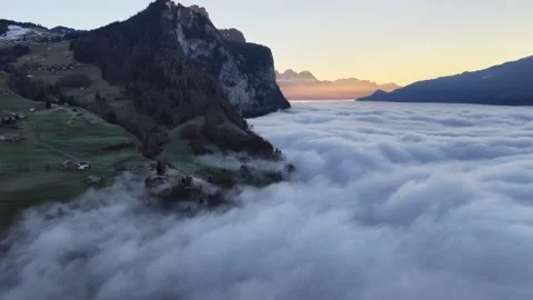 Churfirsten Walensee aerial clouds over mountains near Walenstadt Switzerland Stock-Footage 330915012