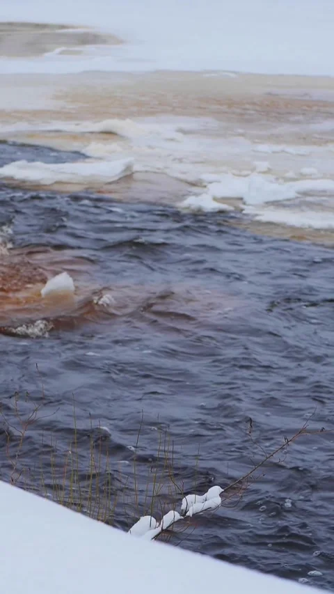 Churning Winter River with Floating Ice - Aesthetic Winter Nature B-Roll: Moving Stock Footage 326214530