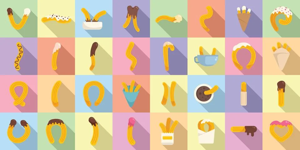 Churros icons set flat vector. Chocolate food Illustrazione stock