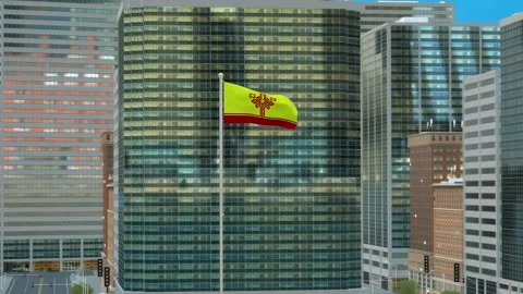 Chuvashia Flag 3D Render Animation on Pole with Modern Business District Bui Stockbeeldmateriaal 332882124