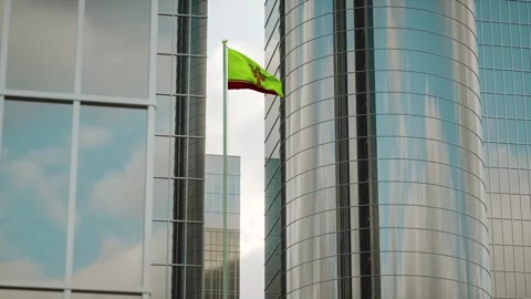 Chuvashia Flag 3D Render Animation on Pole with City Buildings Video stock 332887356