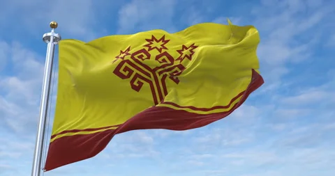 Chuvashia flag with flagpole waving in rolling clouds looping, 4K (Perfect Loop) Video stock 288729790