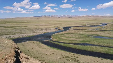 Chuya steppe and river meanders panoramic shot Stock Footage 78136475