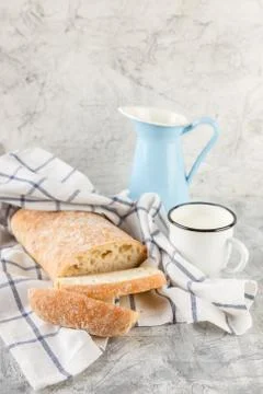 Ciabatta Bread and Milk Stock Photos