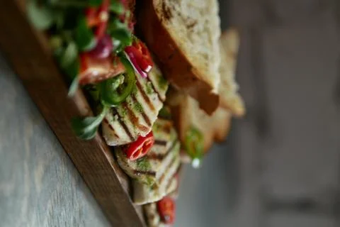 Ciabatta, grill, pepper, grass Stock Photos