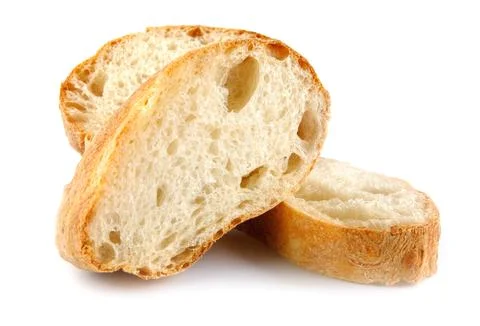 Ciabatta, loaf of bread cut in half isolated on white background. Stock Photos