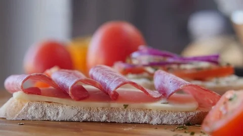Ciabatta With Salami, Cheese And Falling Onions 스톡 동영상 73006506